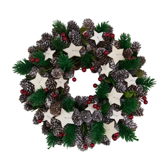 Northlight; Northlight Pine Cone and Berries with Stars Artificial Christmas Wreath, 10-Inch, Unlit; Category:Decorated Wreaths; Image:1